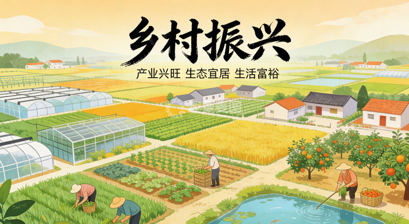 高清大图下载【趣麦麦图】乡村振兴田园风光插画海报