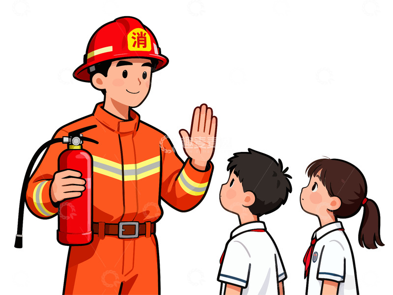 源文件下载【趣麦麦图】消防员讲解灭火器卡通素材培训