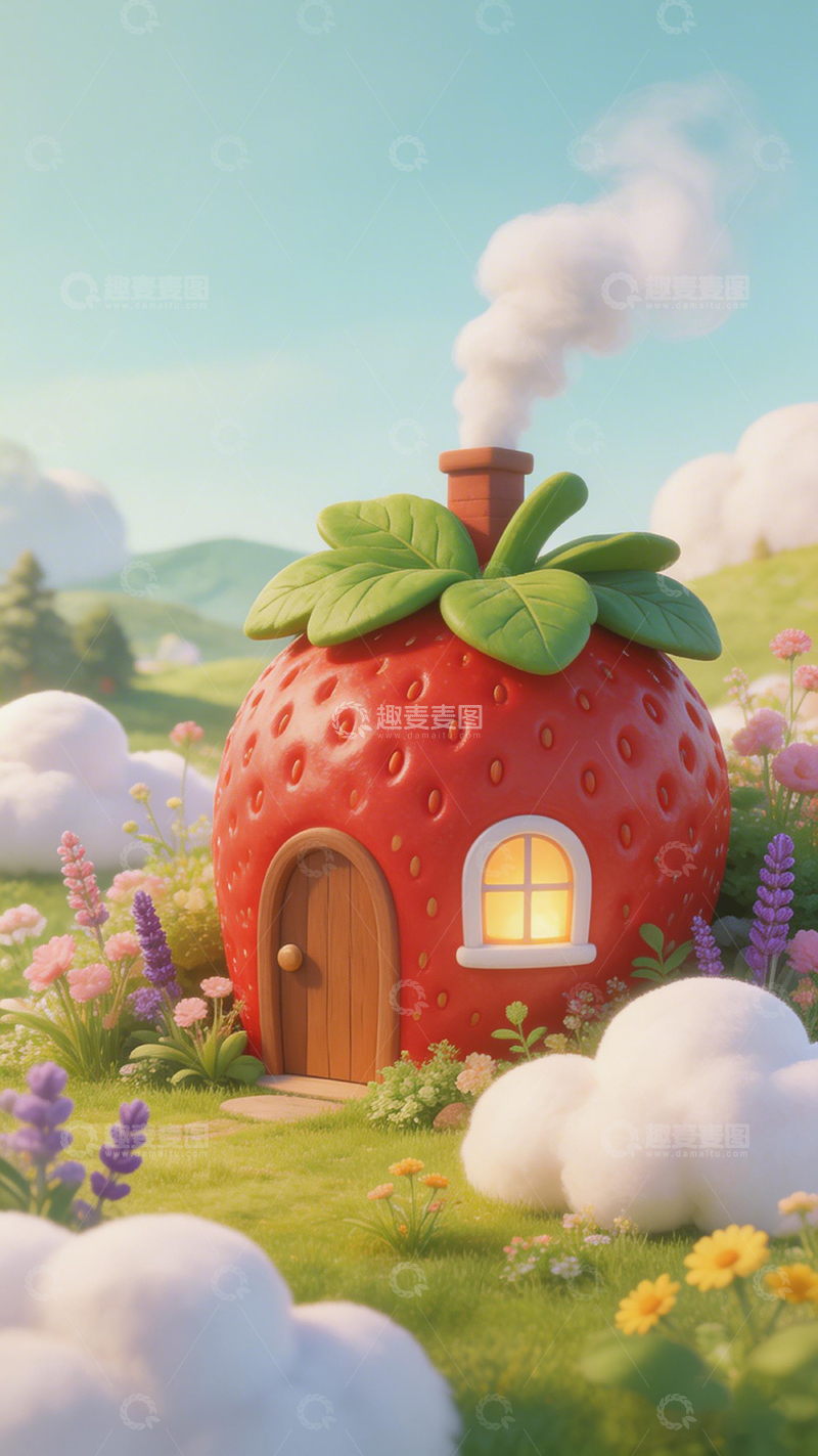 高清大图下载【趣麦麦图】草莓屋童话风景插画