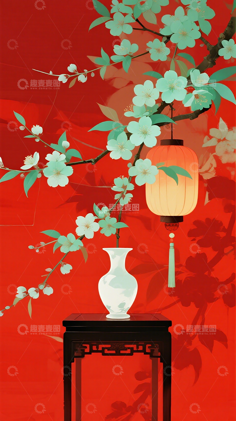 高清大图下载【趣麦麦图】东方风情花瓶灯笼装饰画