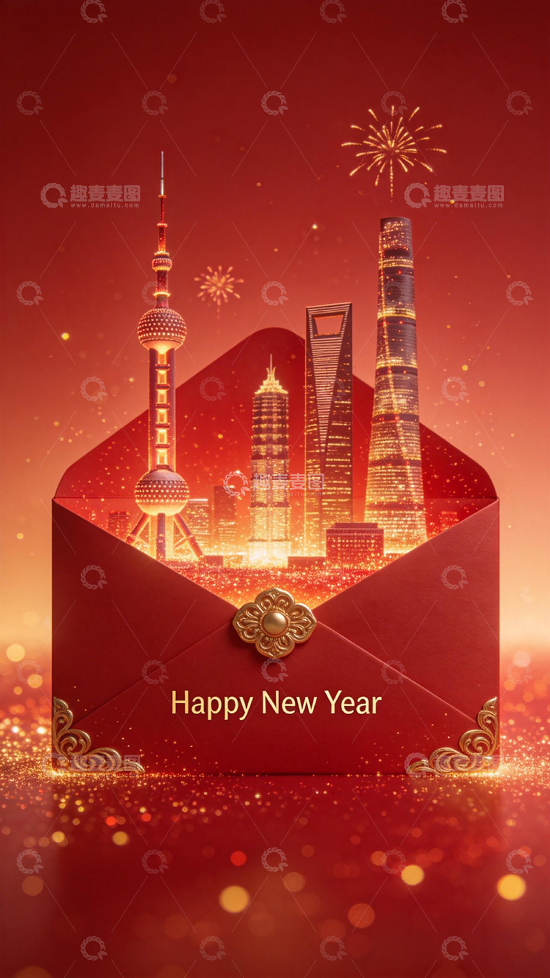 高清大图下载【趣麦麦图】新年贺卡城市夜景烟花