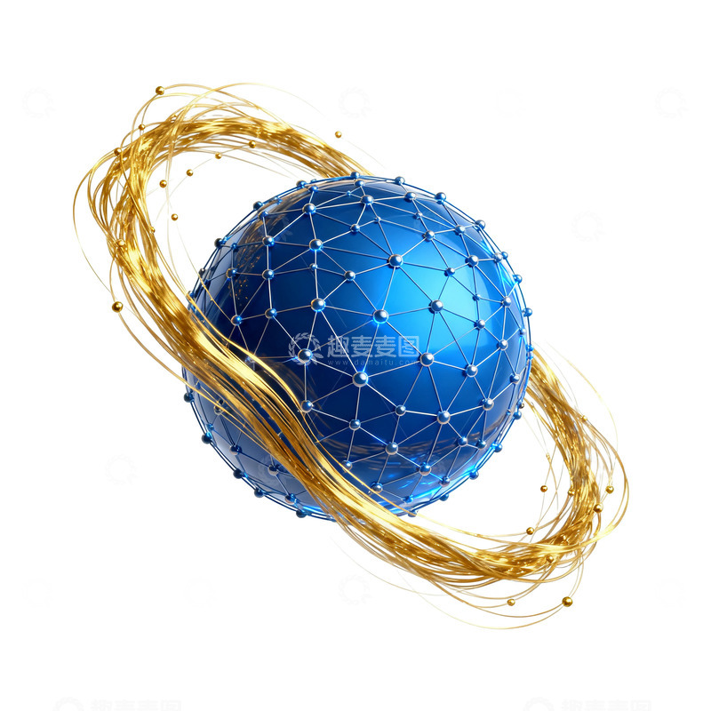 高清大图下载【趣麦麦图】蓝色球体与金色丝带抽象艺术