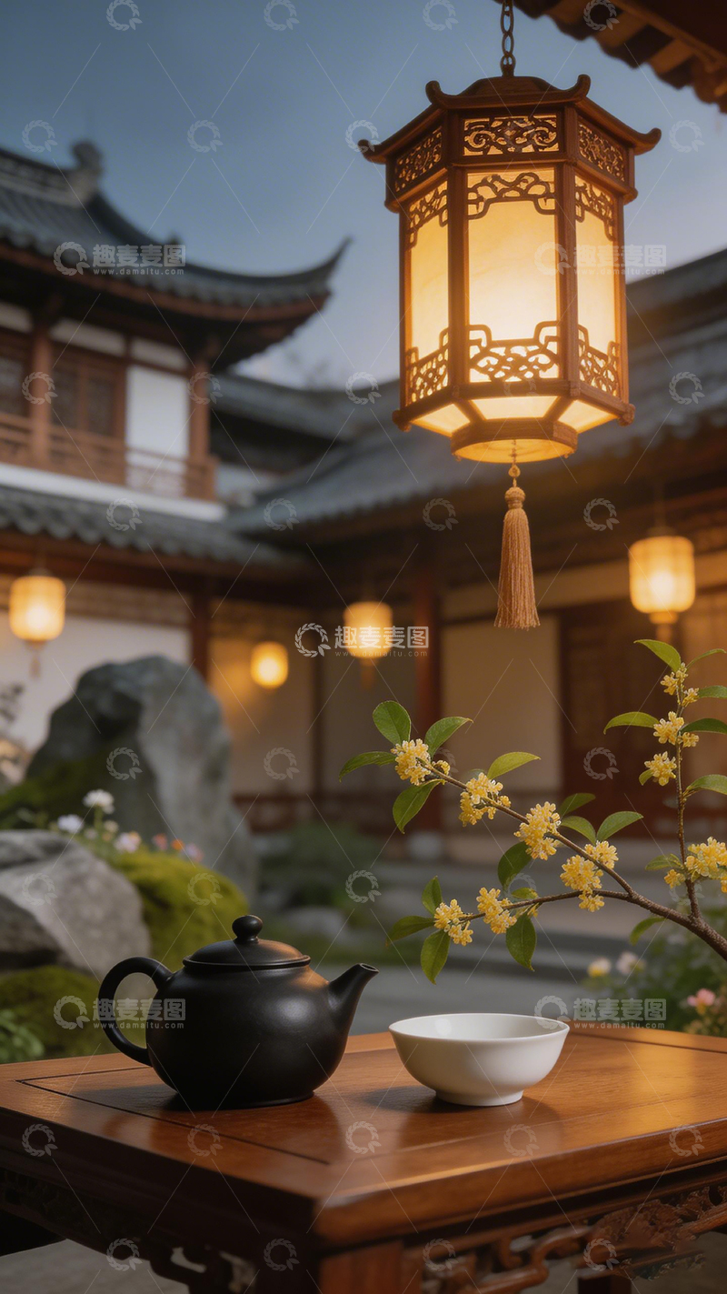 高清大图下载【趣麦麦图】古典中式庭院夜景茶具摆设