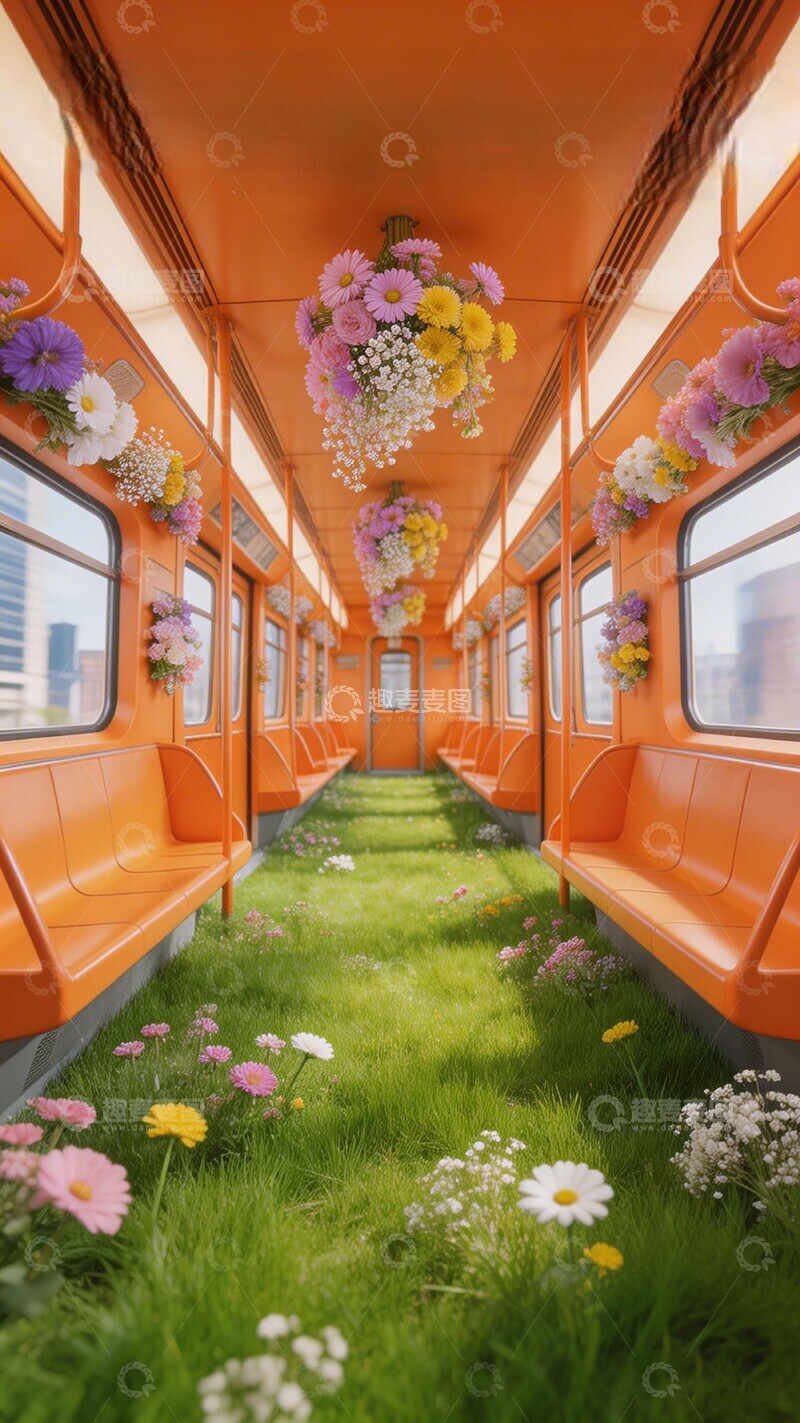高清大图下载【趣麦麦图】橙色车厢鲜花装饰创意场景