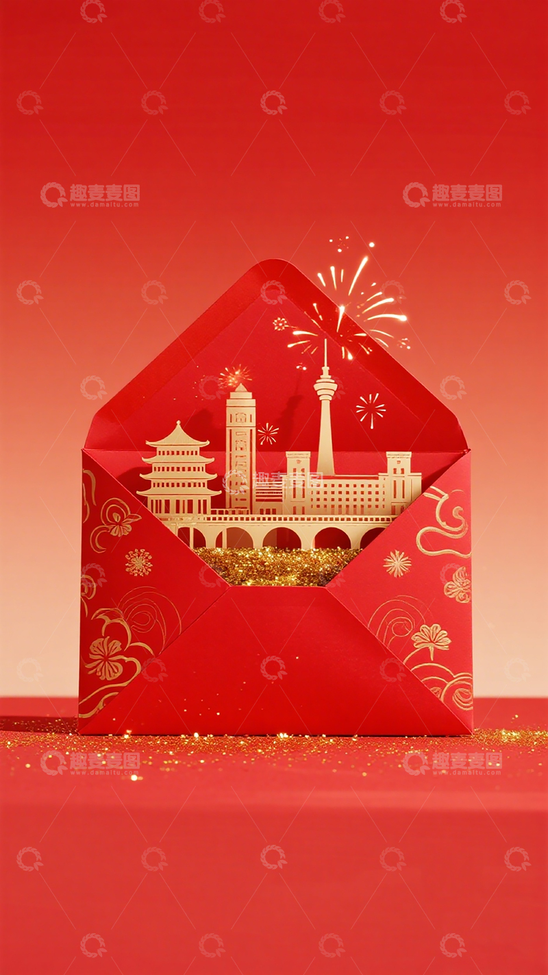高清大图下载【趣麦麦图】春节喜庆红包建筑设计素材