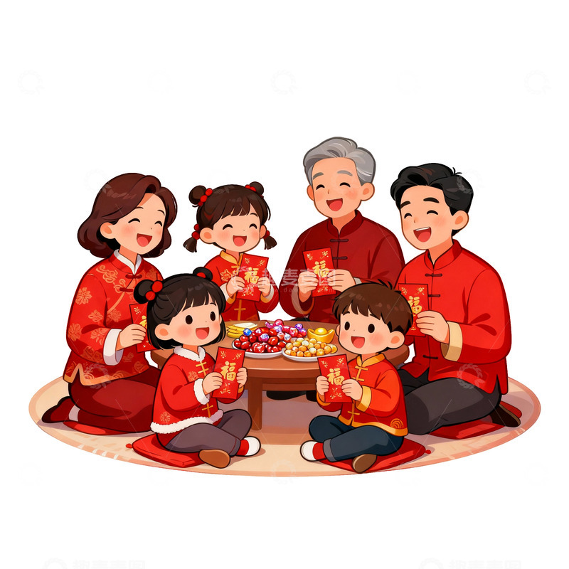 高清大图下载【趣麦麦图】卡通春节家庭聚会插画