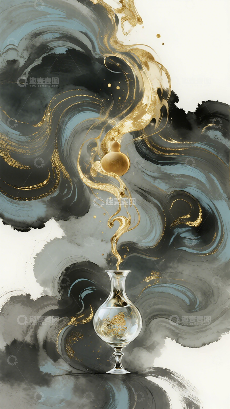 高清大图下载【趣麦麦图】抽象风格金黑灰流线花瓶艺术插画