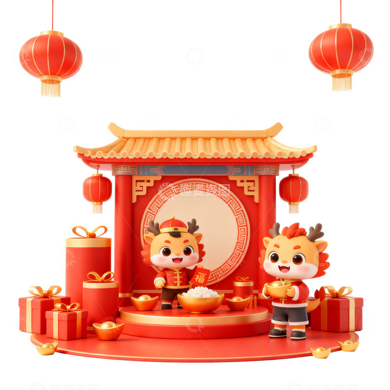 高清大图下载【趣麦麦图】喜庆中国风春节卡通形象场景