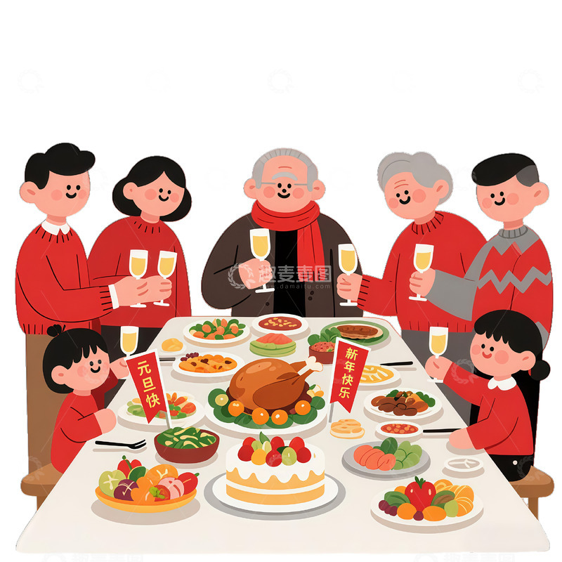 高清大图下载【趣麦麦图】全家欢度春节团圆饭插画素材