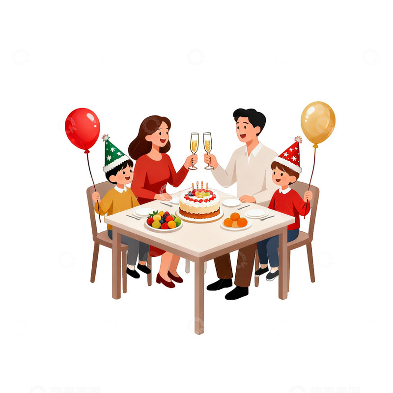 高清大图下载【趣麦麦图】卡通家庭生日聚会插画