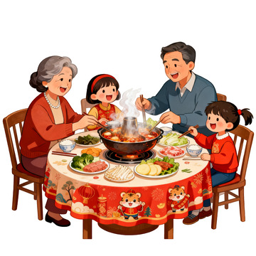 全家团圆火锅聚餐插画