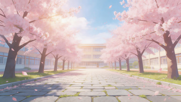 动漫风格樱花校园石径图