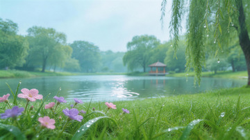 宁静湖畔花景自然风光摄影