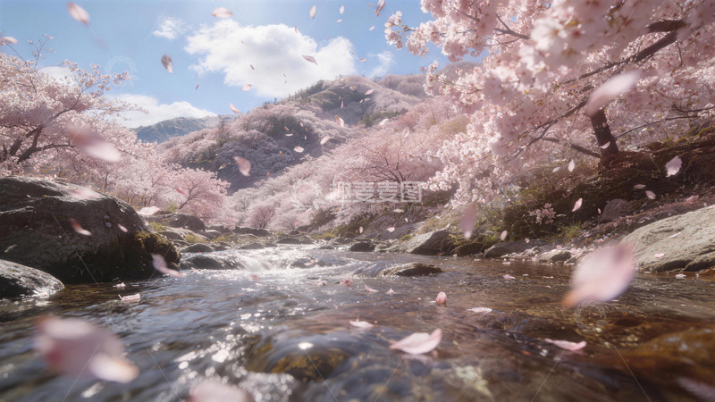高清大图下载【趣麦麦图】樱花飘落溪流景观