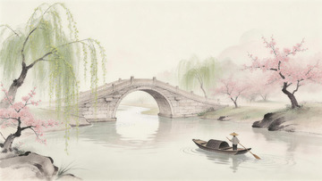 古风水墨江南拱桥桃花美景