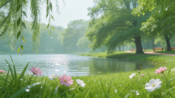 春晨湖畔花景图