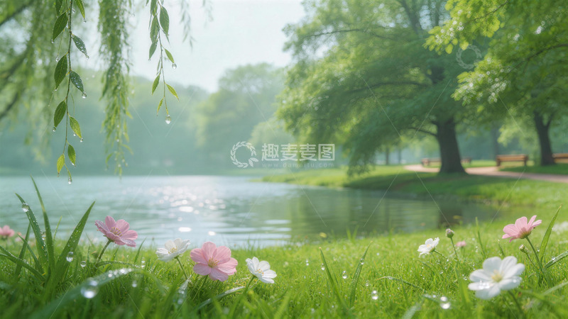 高清大图下载【趣麦麦图】春晨湖畔花景图