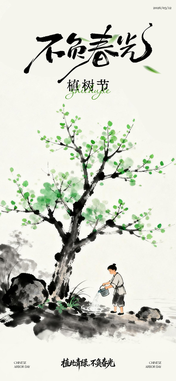 创意水墨风格植树节海报