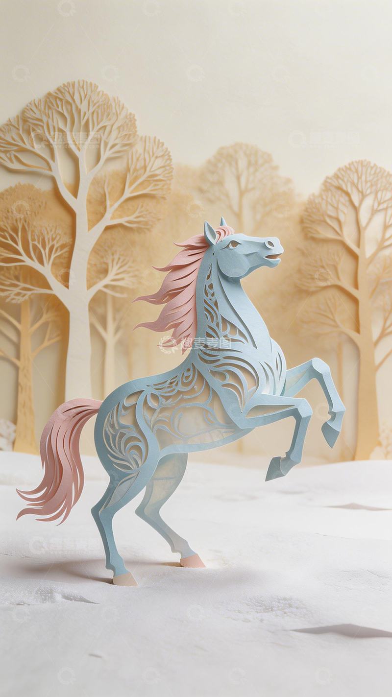 高清大图下载【趣麦麦图】【标题】纸艺骏马森林艺术装饰