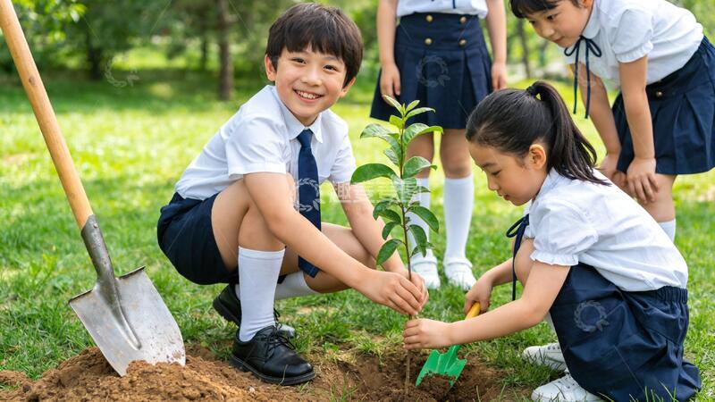 高清大图下载【趣麦麦图】春日郊外小学生校园植树活动户外实拍