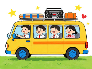 卡通校车学生春日出行插画元素