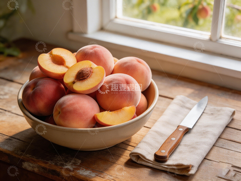 高清大图下载【趣麦麦图】暖色调窗边桃子静物摄影