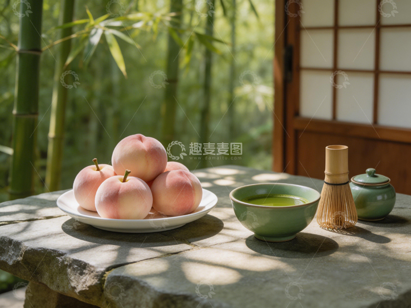 高清大图下载【趣麦麦图】日式庭院桃子抹茶静物