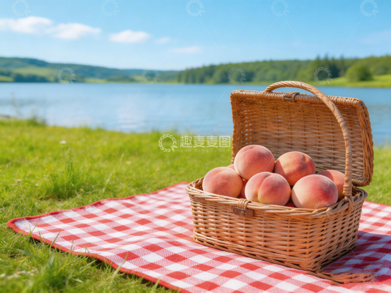 高清大图下载【趣麦麦图】湖畔野餐桃子篮自然风光
