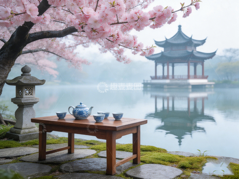 高清大图下载【趣麦麦图】东方韵味湖光亭台茶具美景