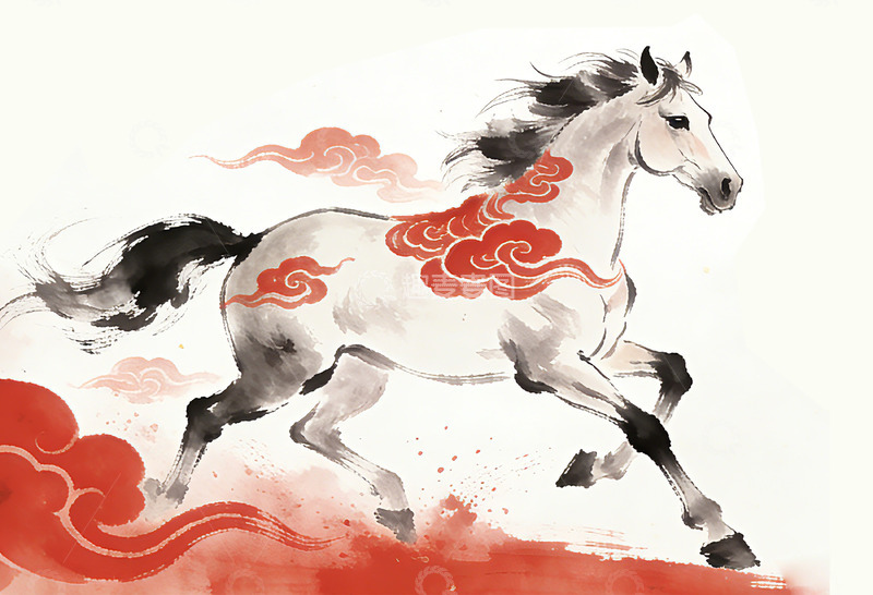 高清大图下载【趣麦麦图】水墨风骏马祥云艺术插画