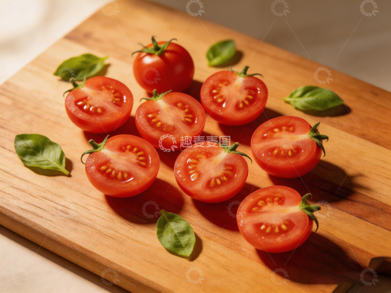 高清大图下载【趣麦麦图】新鲜西红柿与罗勒叶摆盘