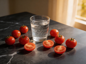 简约桌面水杯与番茄