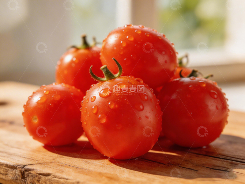 高清大图下载【趣麦麦图】新鲜红番茄水滴木纹板