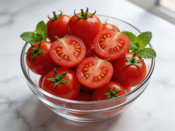 玻璃碗鲜红番茄薄荷叶