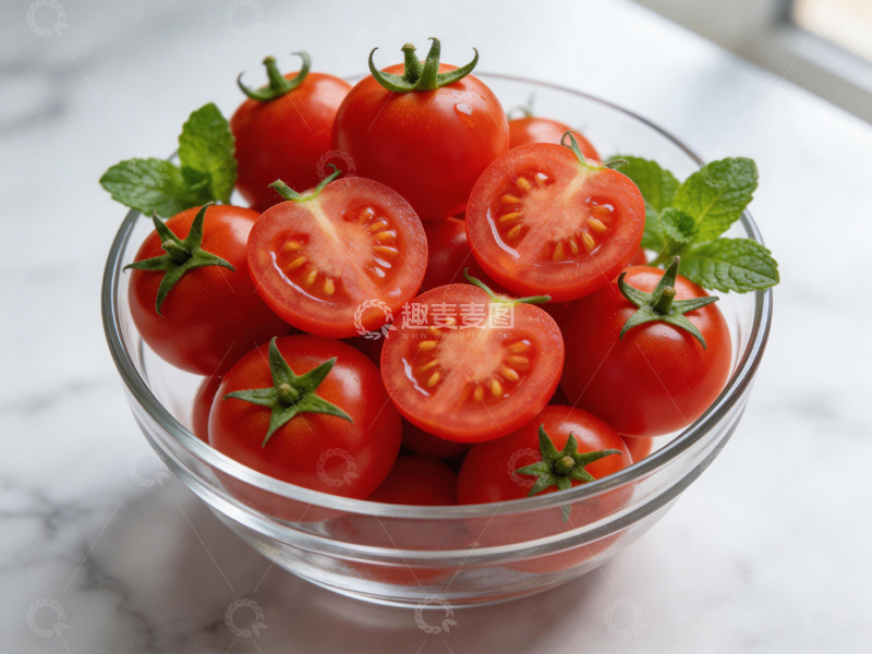 高清大图下载【趣麦麦图】玻璃碗鲜红番茄薄荷叶