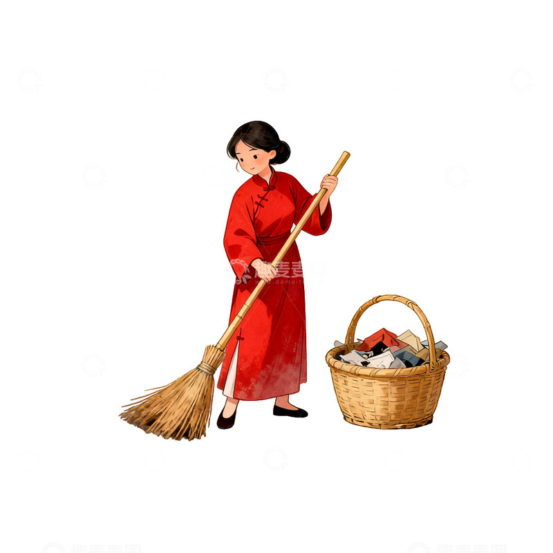 高清大图下载【趣麦麦图】传统女性扫地和篮插图