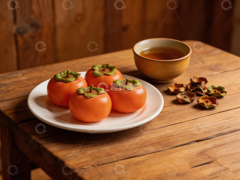 高清大图下载【趣麦麦图】木质桌柿子茶杯静物摄影