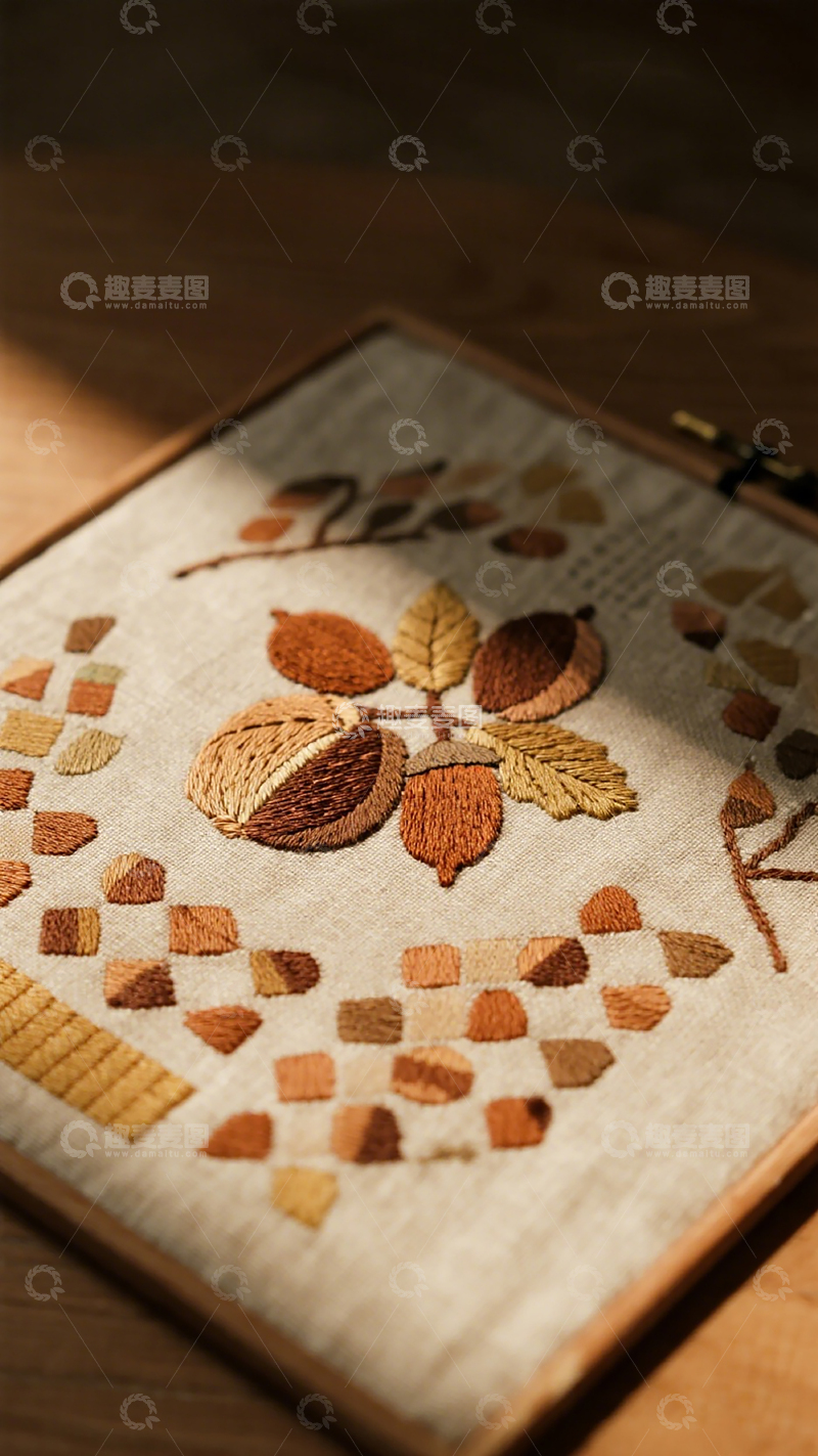 高清大图下载【趣麦麦图】秋日刺绣坚果叶画框