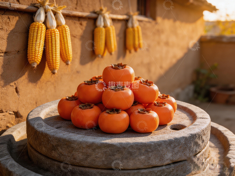 高清大图下载【趣麦麦图】乡村秋意柿子玉米静物图