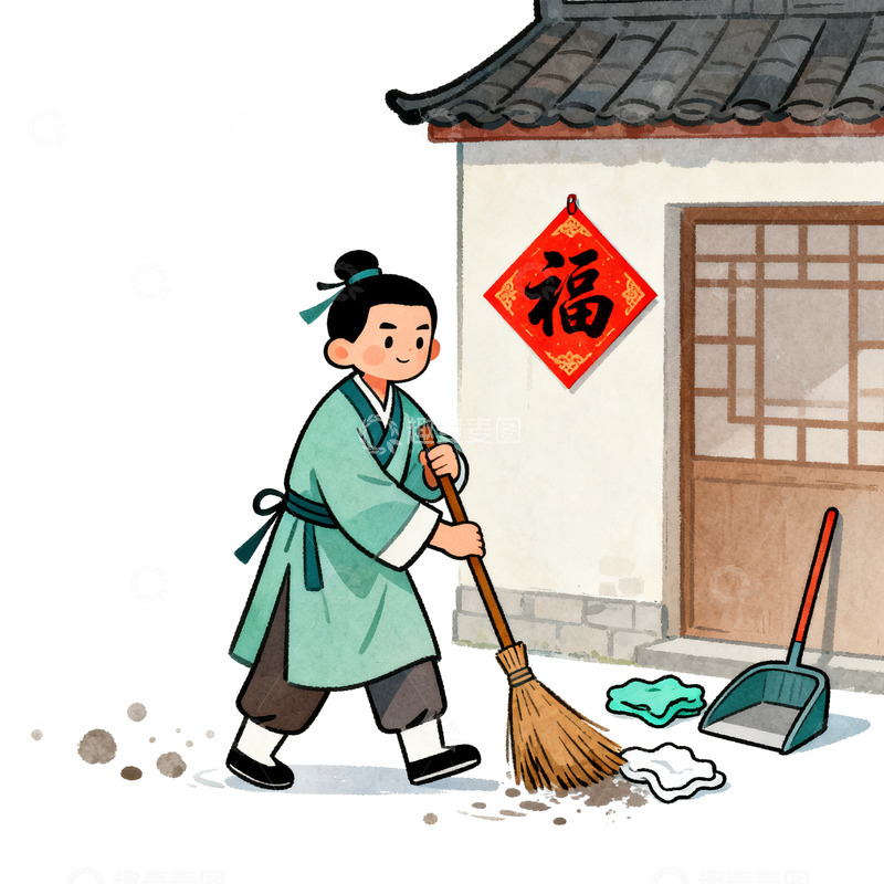 高清大图下载【趣麦麦图】传统春节扫房插画