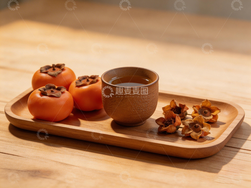 高清大图下载【趣麦麦图】木质托盘柿子与茶杯静物摄影