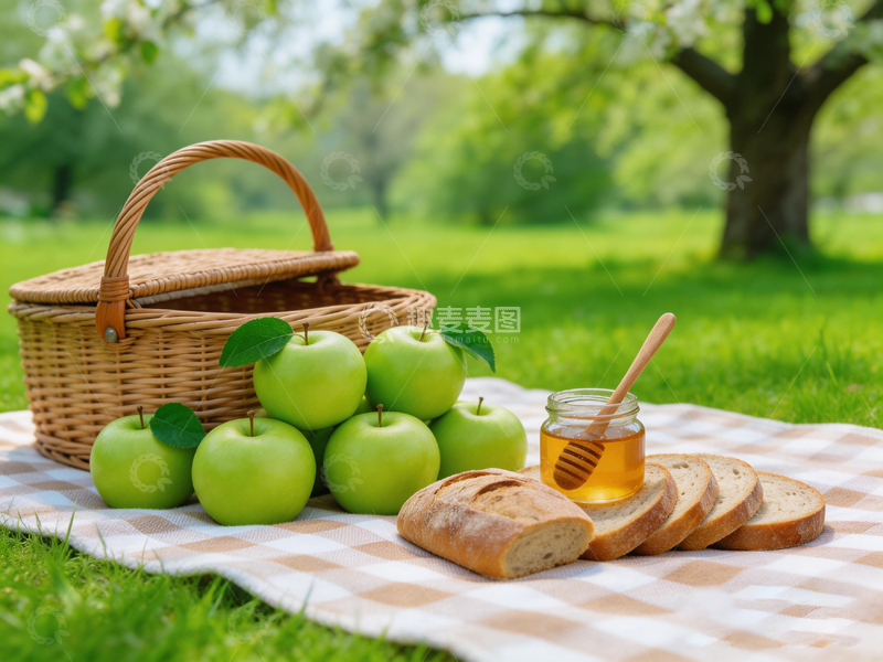 高清大图下载【趣麦麦图】野餐风光绿苹果蜂蜜面包