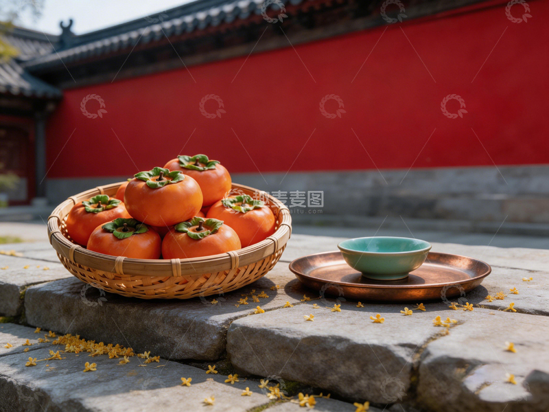 高清大图下载【趣麦麦图】传统中式柿子和茶杯静物摄影