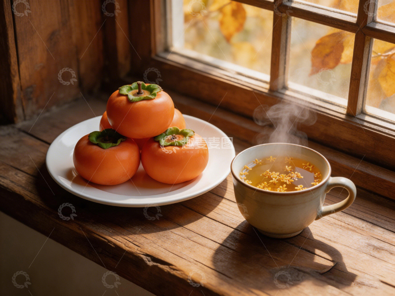 高清大图下载【趣麦麦图】秋日窗台柿子和热茶