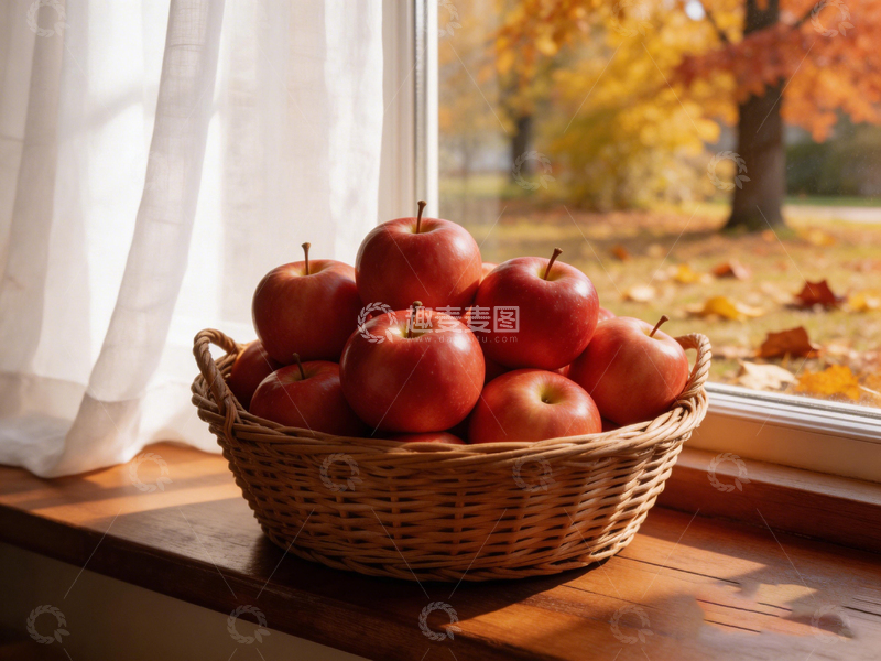 高清大图下载【趣麦麦图】秋意盎然苹果篮窗台风景