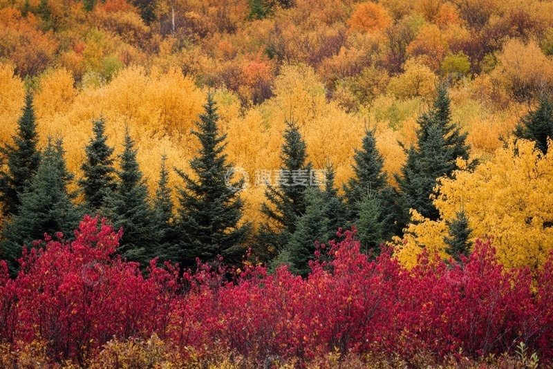 高清大图下载【趣麦麦图】秋季金色绿色红色的树林