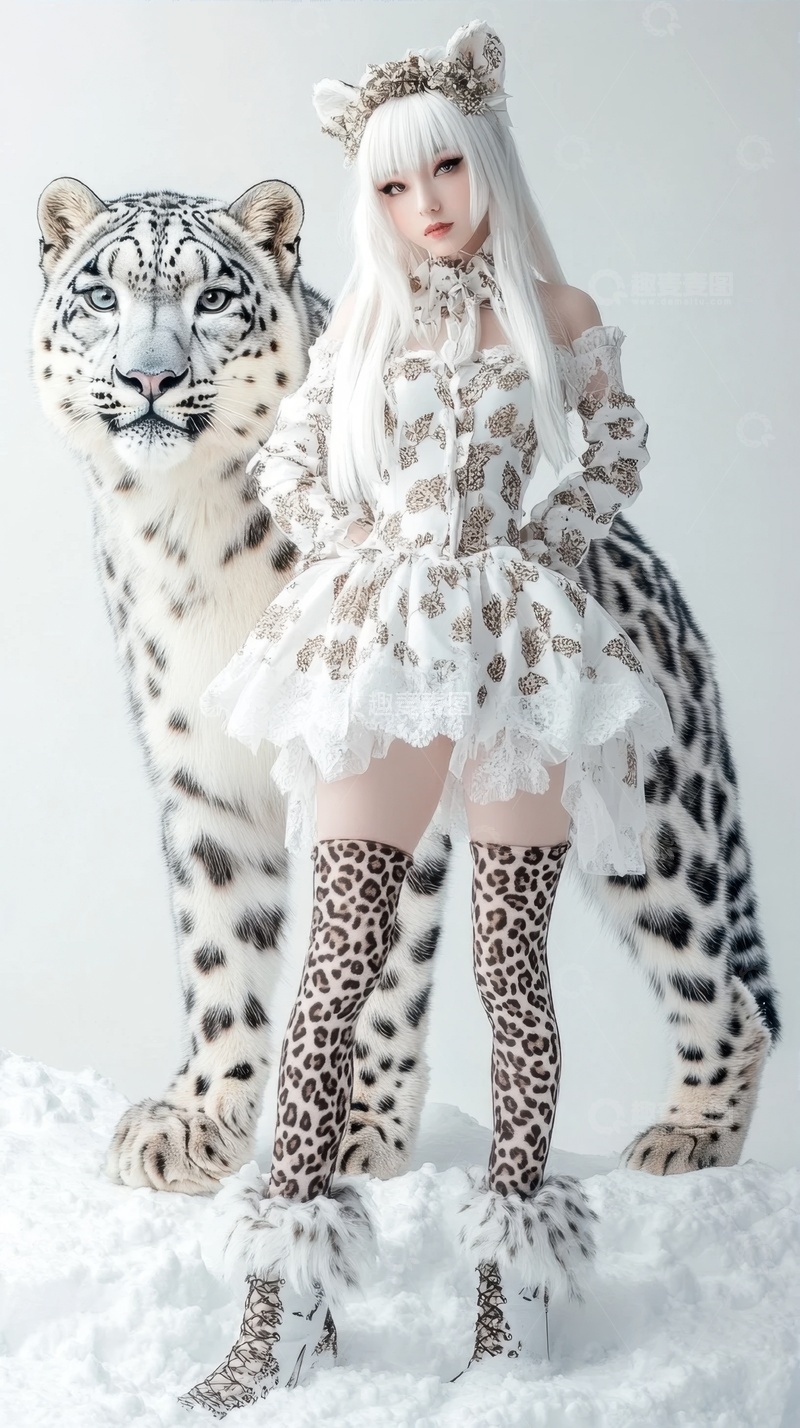 高清大图下载【趣麦麦图】雪豹和白发女孩