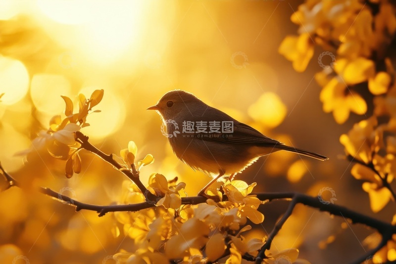 高清大图下载【趣麦麦图】黄昏下站在树枝上的小鸟