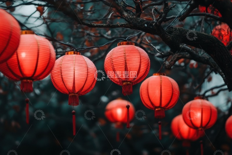 高清大图下载【趣麦麦图】挂在树上的一排红灯笼