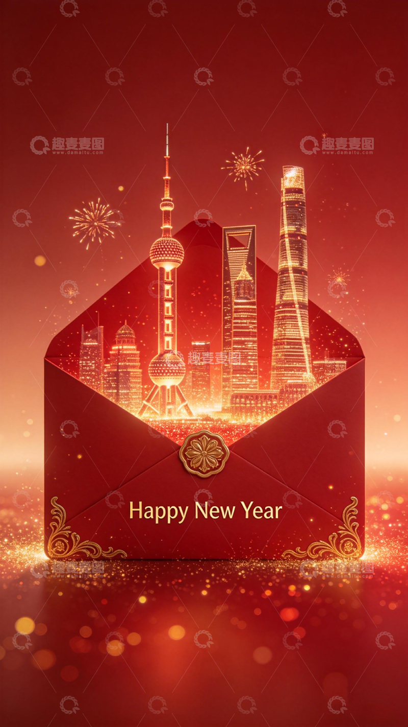 高清大图下载【趣麦麦图】新年祝福红色信封城市剪影